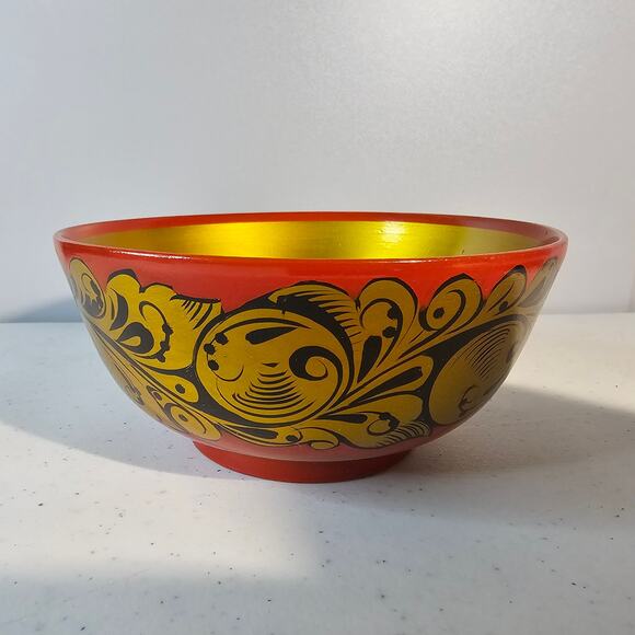 Vintage USSR Lacquer KHOKHLOMA Russian Wooden Hand painted Bowls & Vase Lot of 3 - Picture 6 of 16